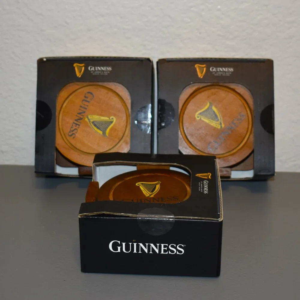 Guinness Coasters Set of 4 with Holder Brown New Wood St James Gate Barware
